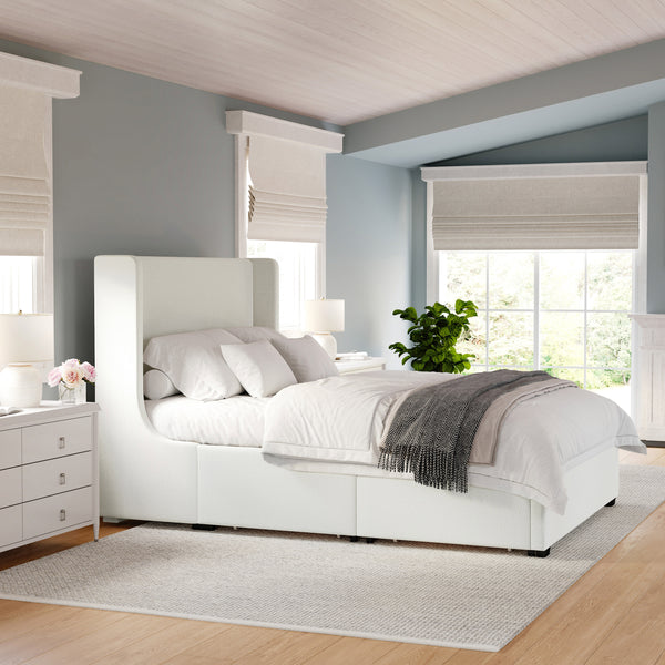 Queen |#| Queen Wingback Platform Storage Bed with 4 Side Storage Drawers in Off White