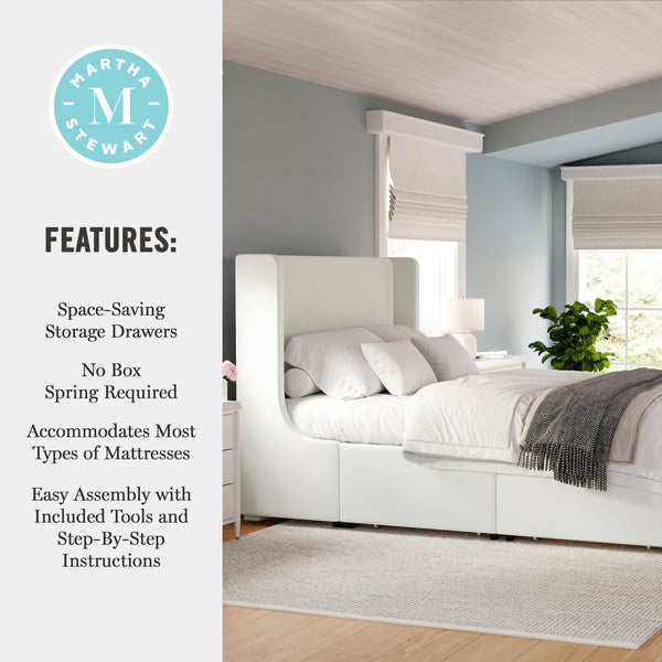 Queen |#| Queen Wingback Platform Storage Bed with 4 Side Storage Drawers in Off White