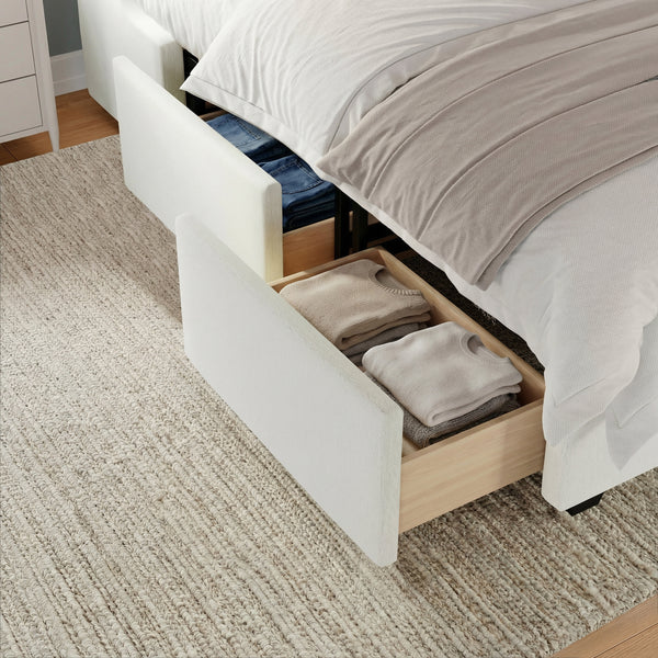 Queen |#| Queen Wingback Platform Storage Bed with 4 Side Storage Drawers in Off White