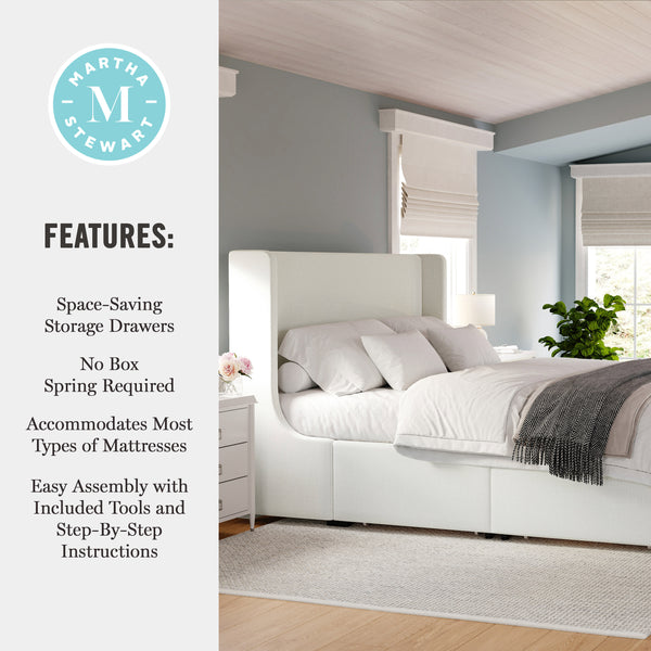 King |#| King Wingback Platform Storage Bed with 4 Side Storage Drawers in Off White