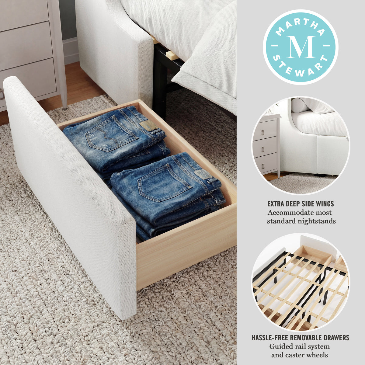 King |#| King Wingback Platform Storage Bed with 4 Side Storage Drawers in Off White