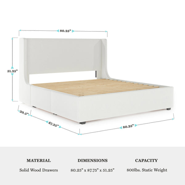King |#| King Wingback Platform Storage Bed with 4 Side Storage Drawers in Off White
