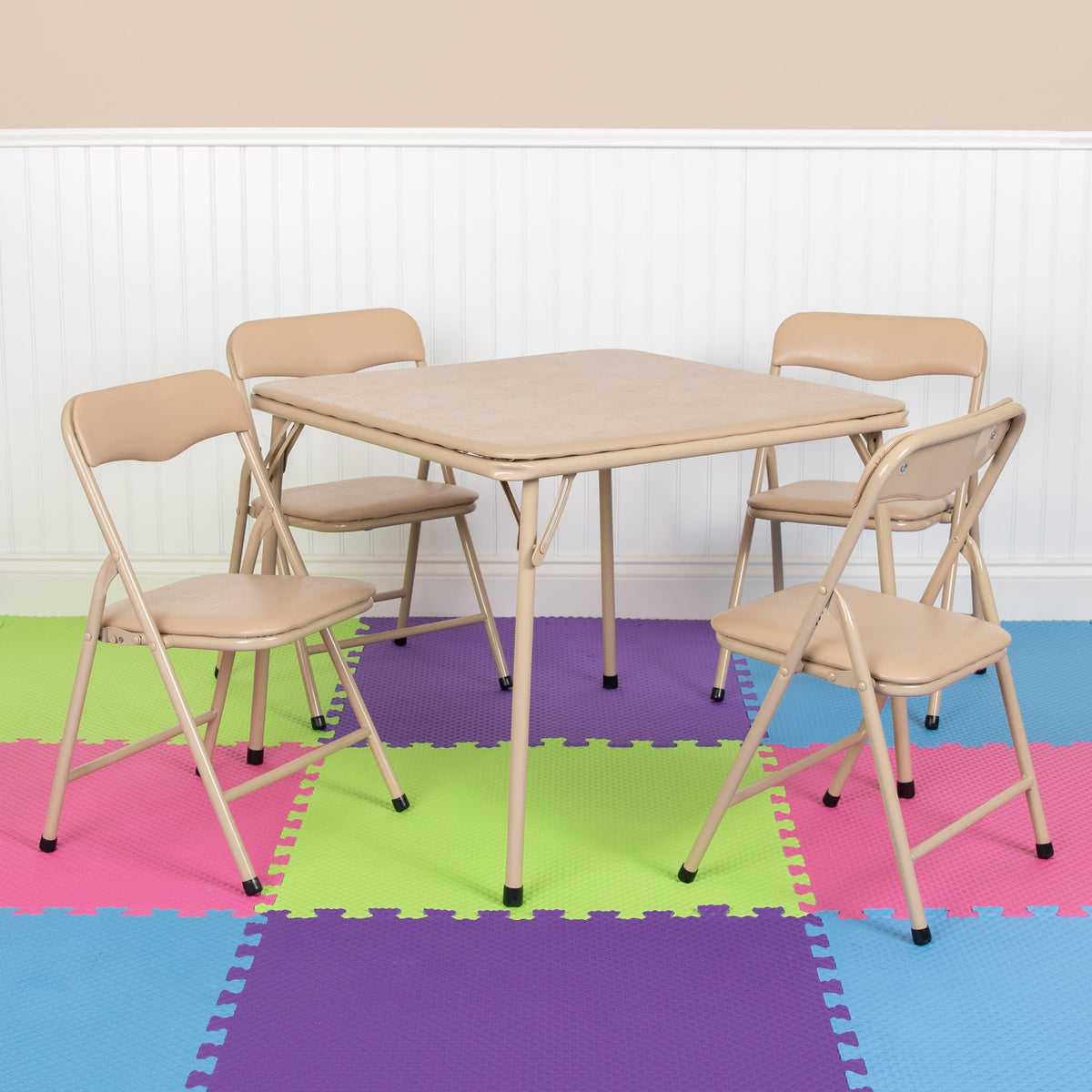 Tan |#| Kids Tan 5 Piece Folding Table and Chair Set - Kids Activity Table Set