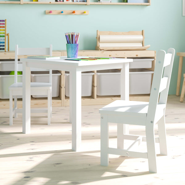 White |#| Kids 3 Piece Solid Hardwood Table and Chair Set for Playroom, Kitchen - White