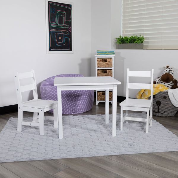 White |#| Kids 3 Piece Solid Hardwood Table and Chair Set for Playroom, Kitchen - White