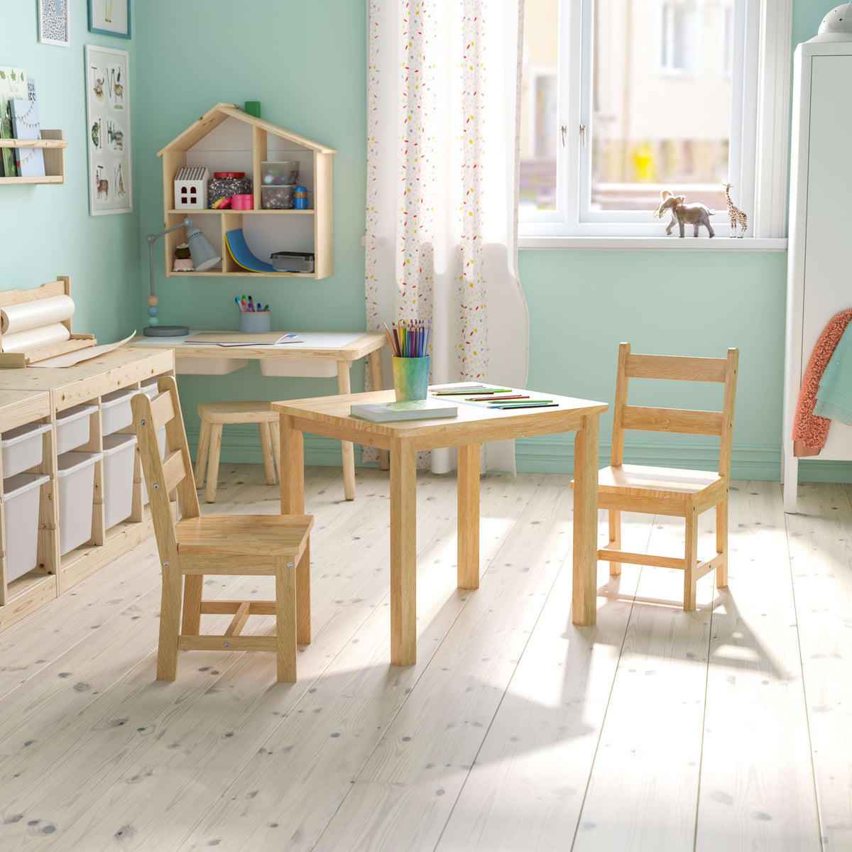 Natural |#| Kids 3 Piece Solid Hardwood Table and Chair Set for Playroom, Kitchen - Natural