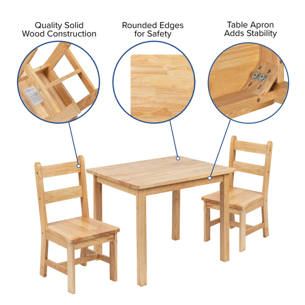 Natural |#| Kids 3 Piece Solid Hardwood Table and Chair Set for Playroom, Kitchen - Natural