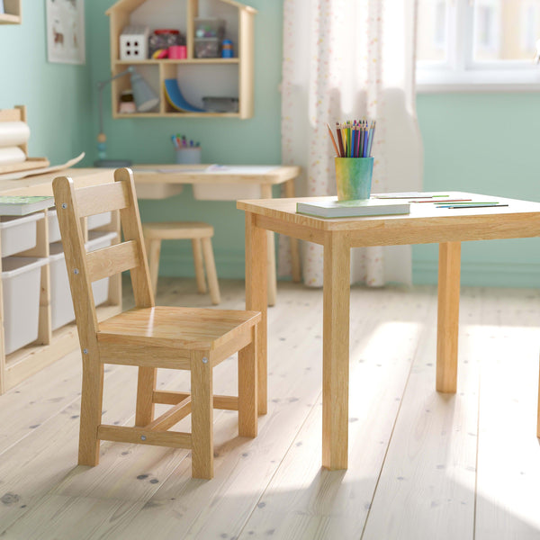 Natural |#| Kids 3 Piece Solid Hardwood Table and Chair Set for Playroom, Kitchen - Natural