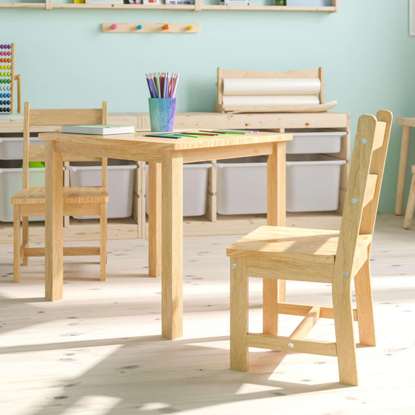 Natural |#| Kids 3 Piece Solid Hardwood Table and Chair Set for Playroom, Kitchen - Natural