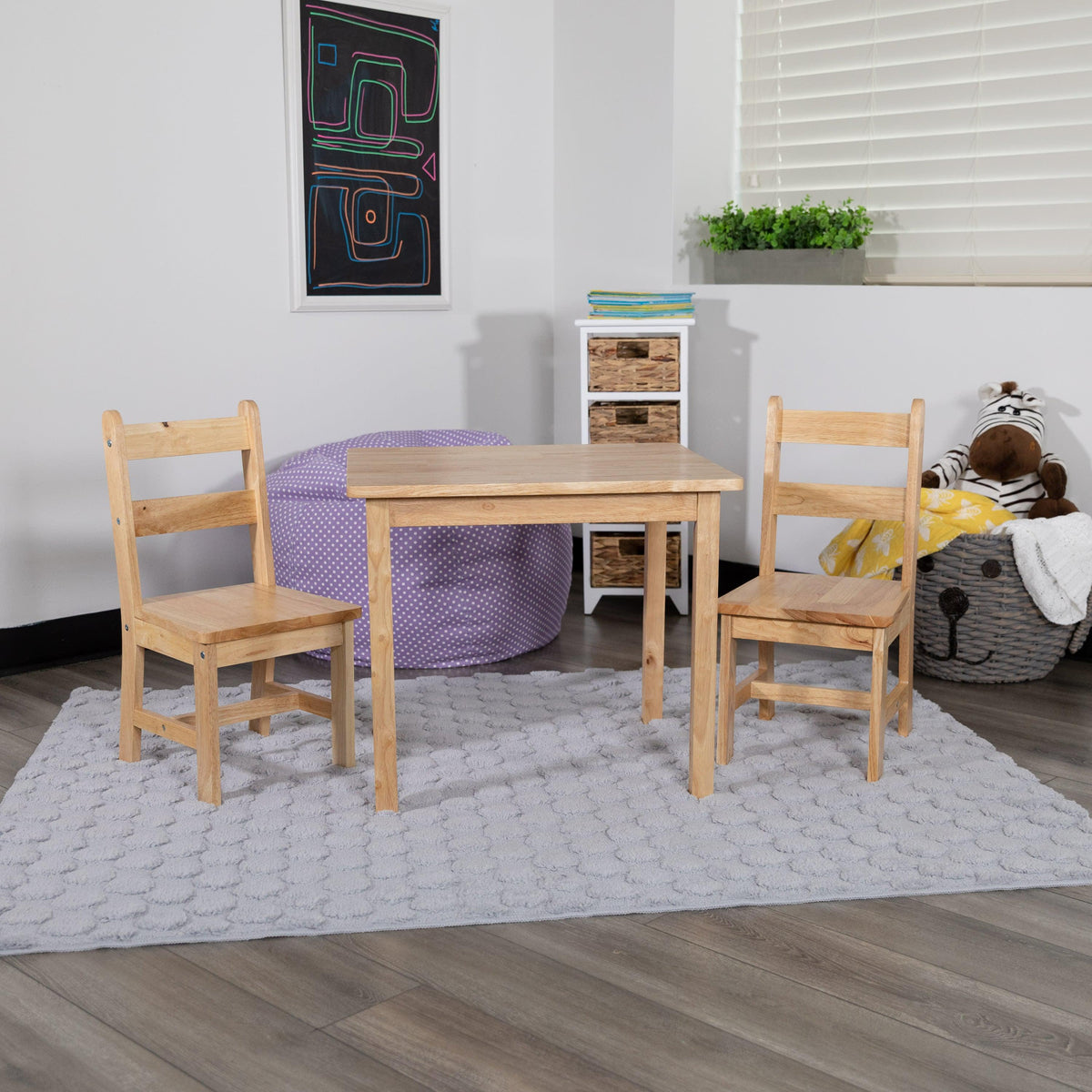 Natural |#| Kids 3 Piece Solid Hardwood Table and Chair Set for Playroom, Kitchen - Natural