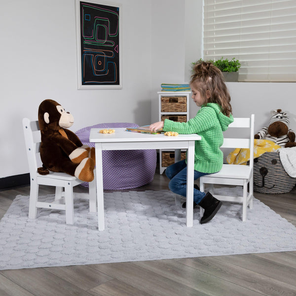 White |#| Kids 3 Piece Solid Hardwood Table and Chair Set for Playroom, Kitchen - White