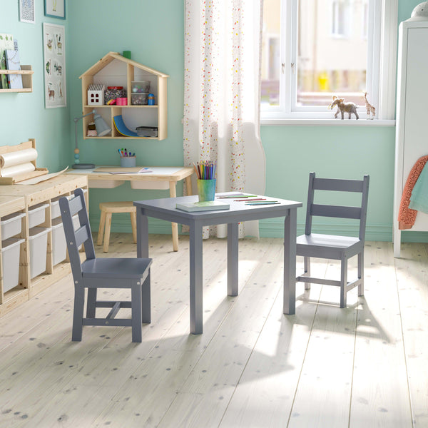 Gray |#| Kids 3 Piece Solid Hardwood Table and Chair Set for Playroom, Kitchen - Gray