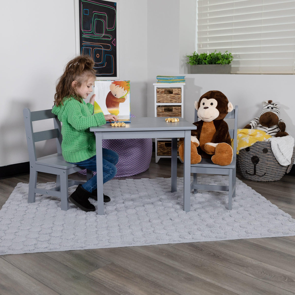 Gray |#| Kids 3 Piece Solid Hardwood Table and Chair Set for Playroom, Kitchen - Gray