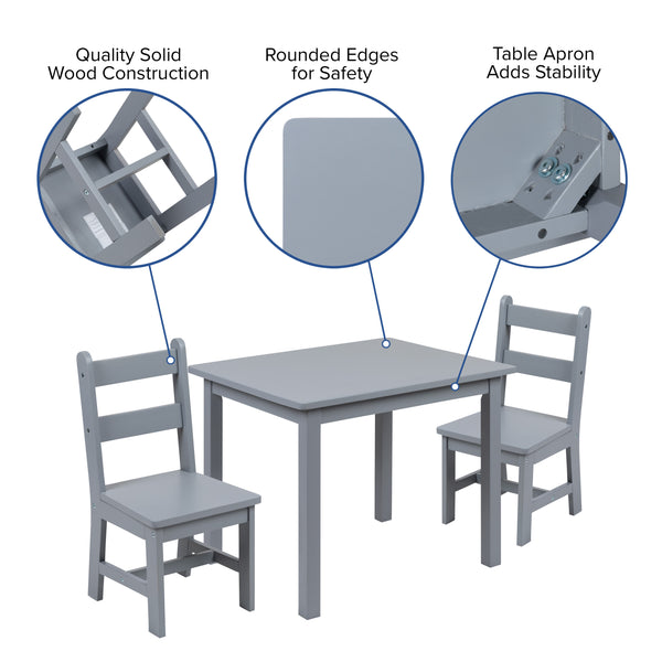 Gray |#| Kids 3 Piece Solid Hardwood Table and Chair Set for Playroom, Kitchen - Gray