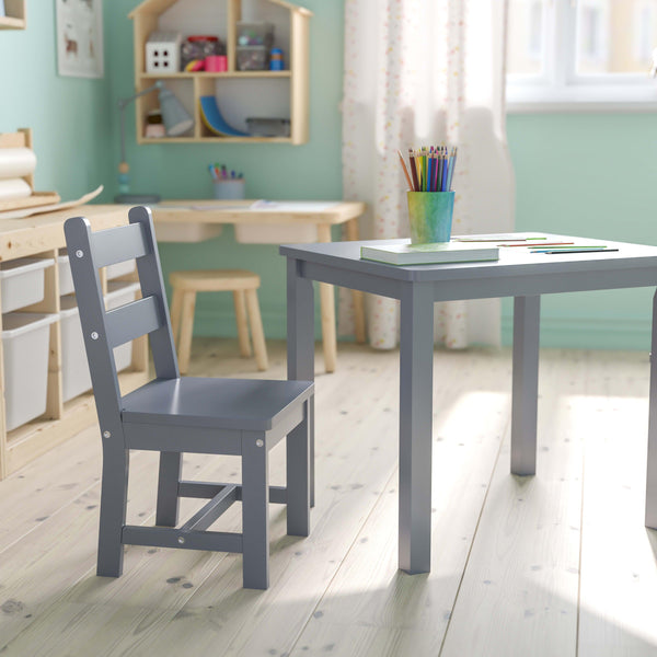 Gray |#| Kids 3 Piece Solid Hardwood Table and Chair Set for Playroom, Kitchen - Gray