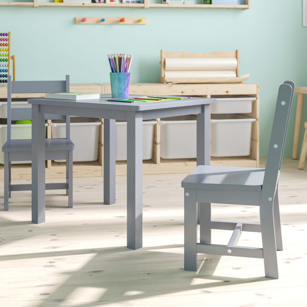 Gray |#| Kids 3 Piece Solid Hardwood Table and Chair Set for Playroom, Kitchen - Gray