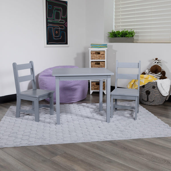 Gray |#| Kids 3 Piece Solid Hardwood Table and Chair Set for Playroom, Kitchen - Gray