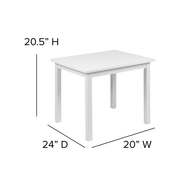 White |#| Kids 3 Piece Solid Hardwood Table and Chair Set for Playroom, Kitchen - White