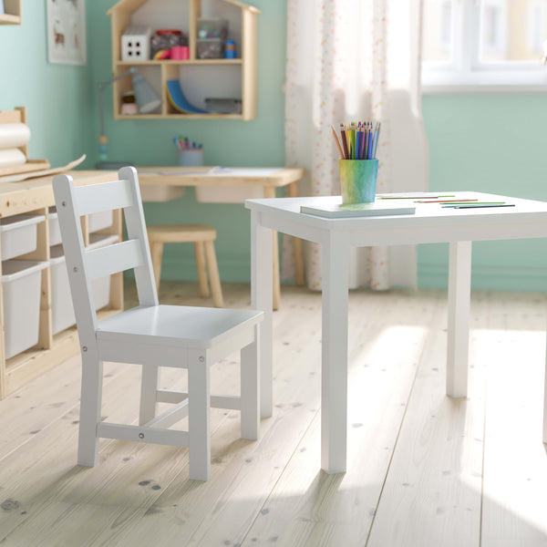 White |#| Kids 3 Piece Solid Hardwood Table and Chair Set for Playroom, Kitchen - White