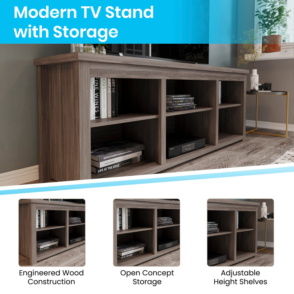 Gray Wash Oak |#| TV Stand up to 80" TVs with 6 Open Storage Compartments in Gray Wash Oak Finish