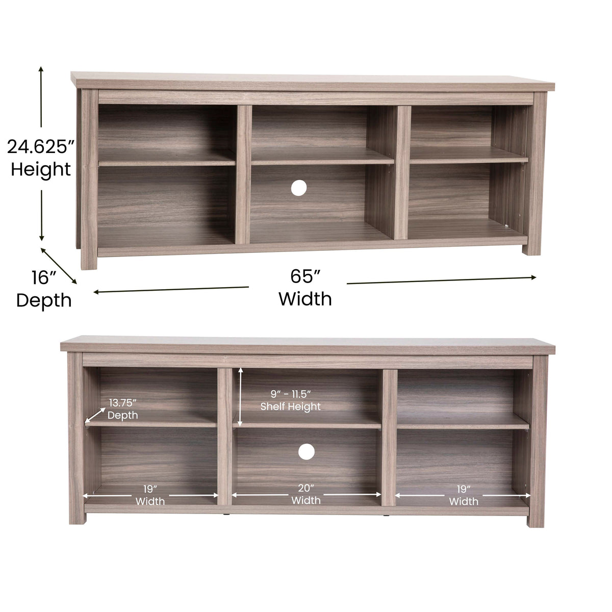 Gray Wash Oak |#| TV Stand up to 80" TVs with 6 Open Storage Compartments in Gray Wash Oak Finish