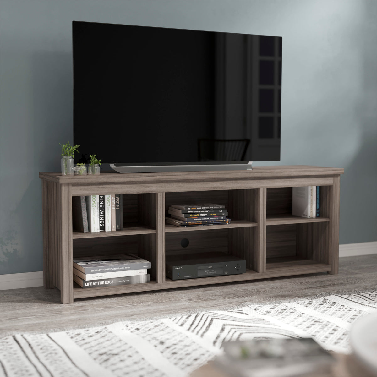 Gray Wash Oak |#| TV Stand up to 80" TVs with 6 Open Storage Compartments in Gray Wash Oak Finish