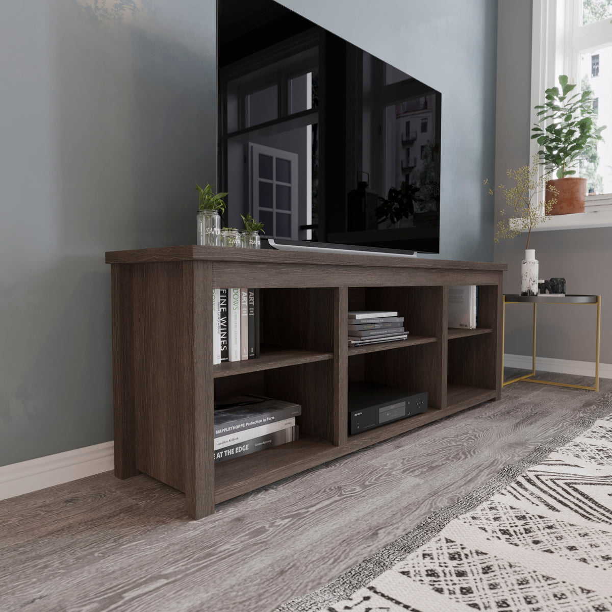Espresso |#| TV Stand for up to 80" TVs with 6 Open Storage Compartments in Espresso Finish