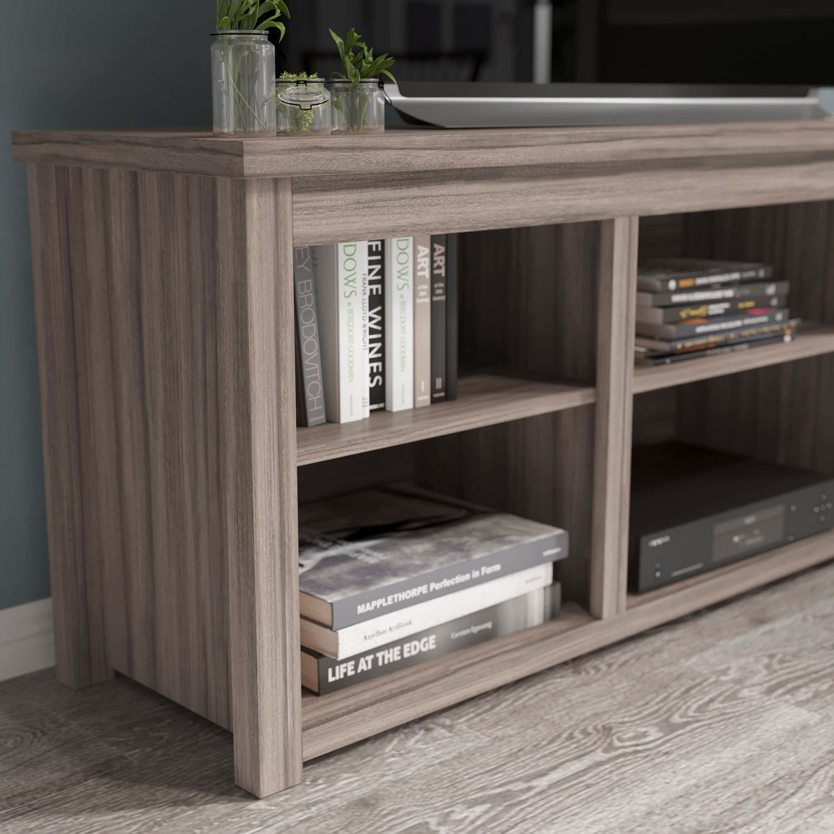 Gray Wash Oak |#| TV Stand up to 80" TVs with 6 Open Storage Compartments in Gray Wash Oak Finish