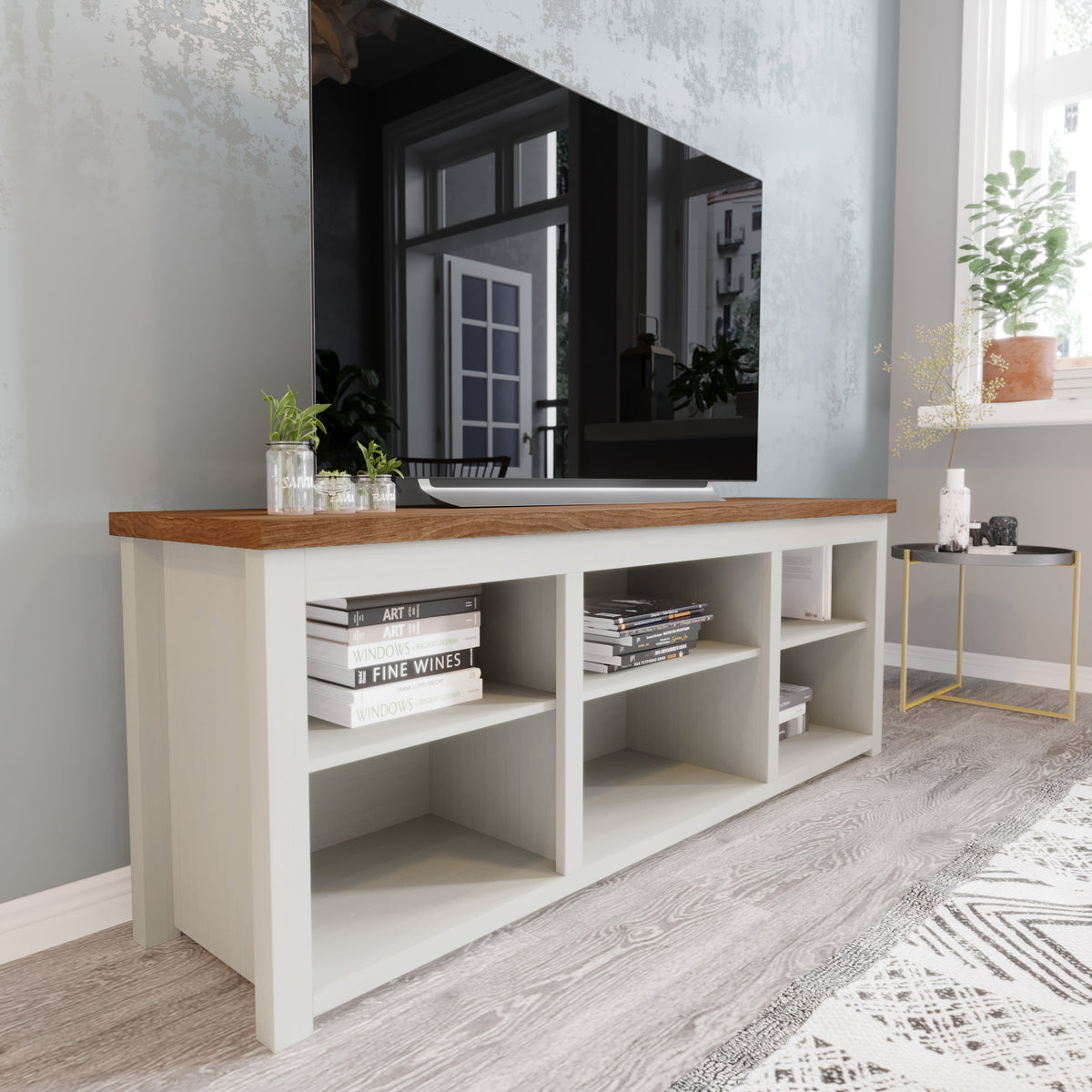 Walnut Top/White Frame |#| TV Stand for up to 80" TVs with 6 Open Storage Compartments in White/Walnut
