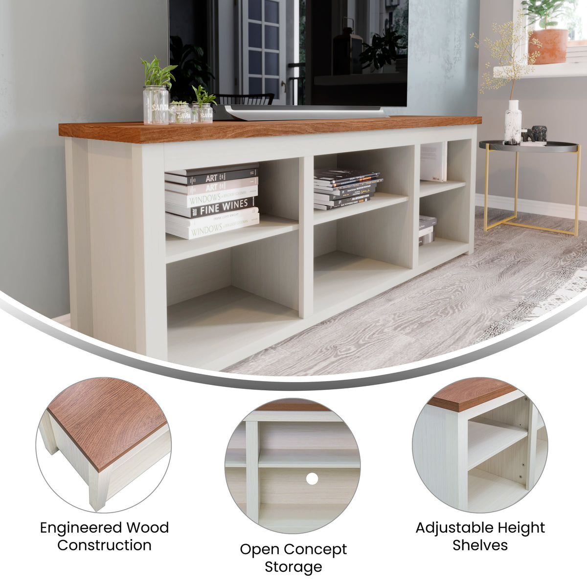 Walnut Top/White Frame |#| TV Stand for up to 80" TVs with 6 Open Storage Compartments in White/Walnut