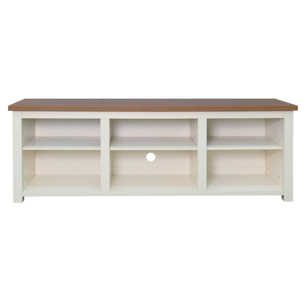Walnut Top/White Frame |#| TV Stand for up to 80" TVs with 6 Open Storage Compartments in White/Walnut