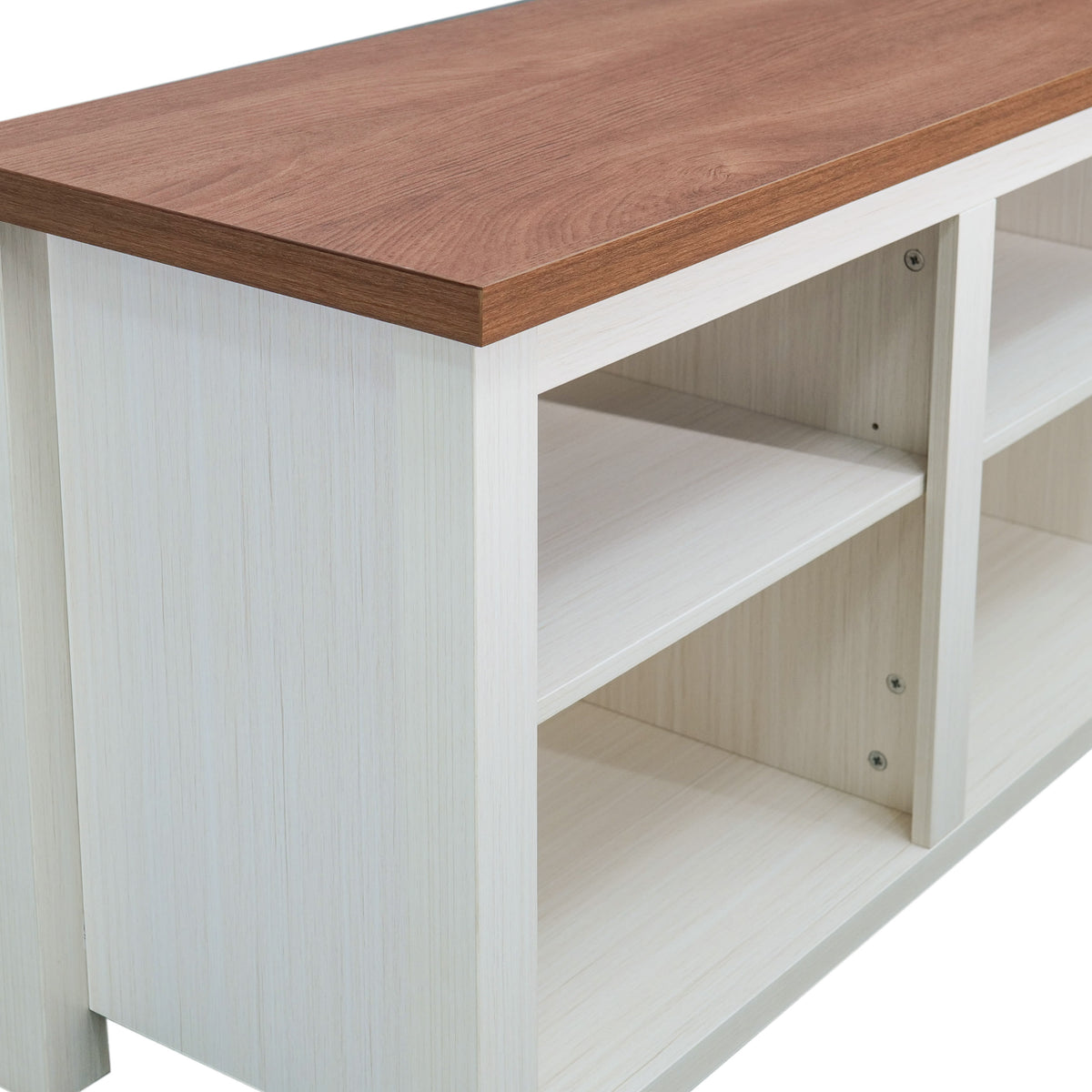 Walnut Top/White Frame |#| TV Stand for up to 80" TVs with 6 Open Storage Compartments in White/Walnut