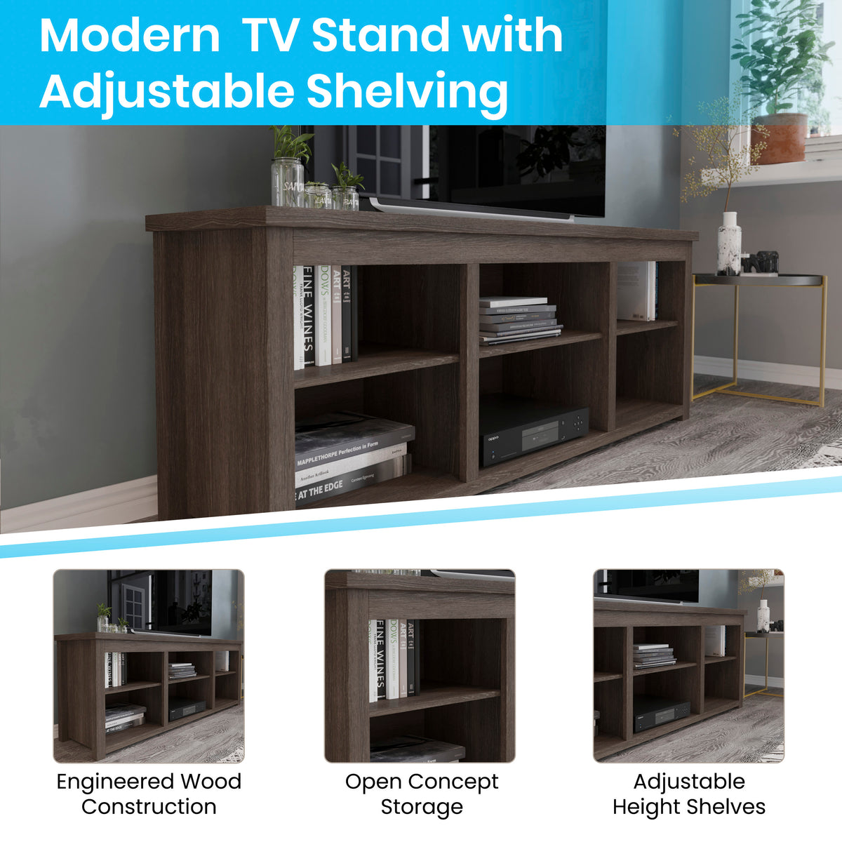 Espresso |#| TV Stand for up to 80" TVs with 6 Open Storage Compartments in Espresso Finish