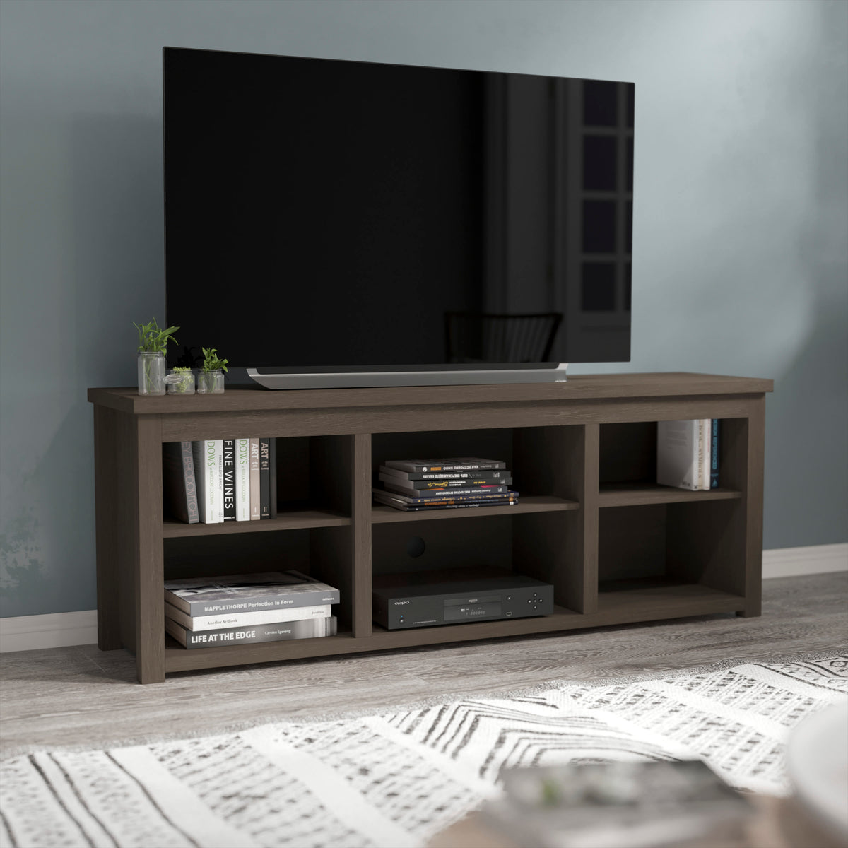 Espresso |#| TV Stand for up to 80" TVs with 6 Open Storage Compartments in Espresso Finish