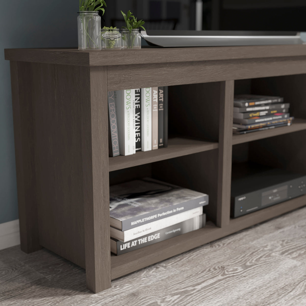 Espresso |#| TV Stand for up to 80" TVs with 6 Open Storage Compartments in Espresso Finish