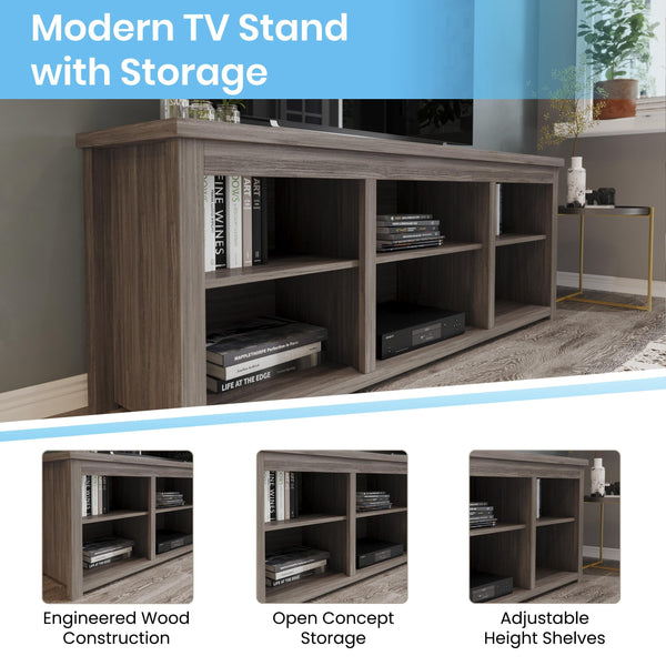 Gray Wash Oak |#| TV Stand up to 80" TVs with 6 Open Storage Compartments in Gray Wash Oak Finish