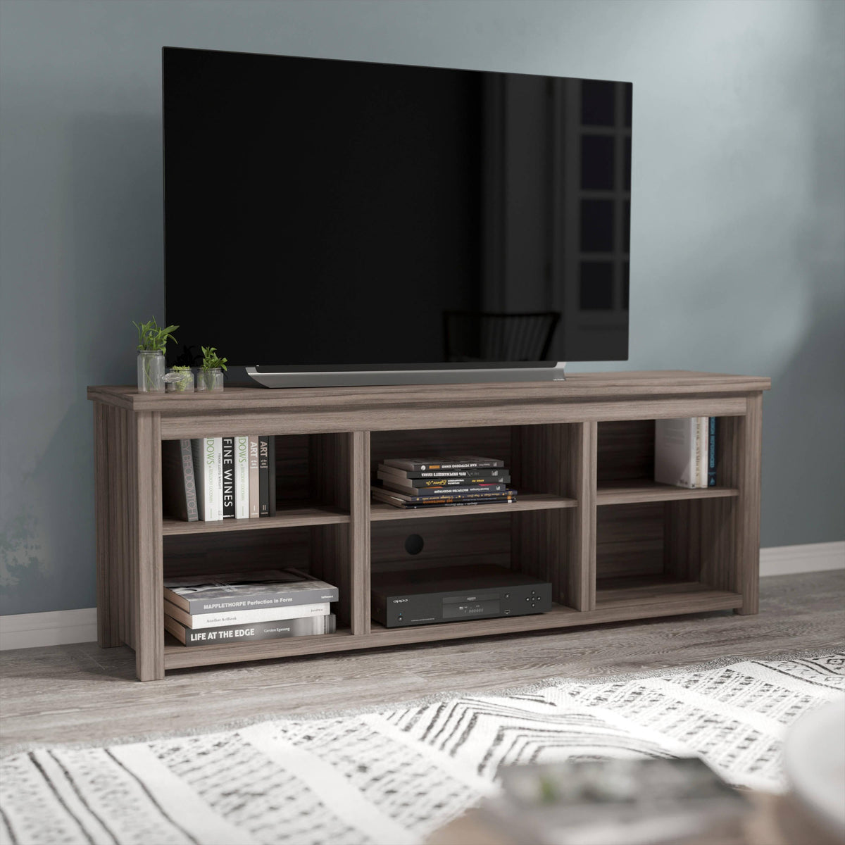 Gray Wash Oak |#| TV Stand up to 80" TVs with 6 Open Storage Compartments in Gray Wash Oak Finish