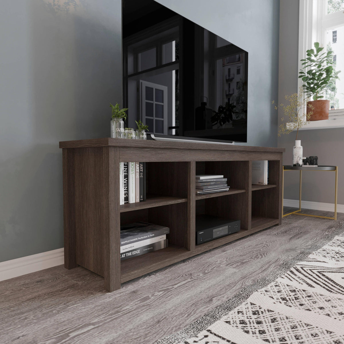 Espresso |#| TV Stand for up to 80" TVs with 6 Open Storage Compartments in Espresso Finish