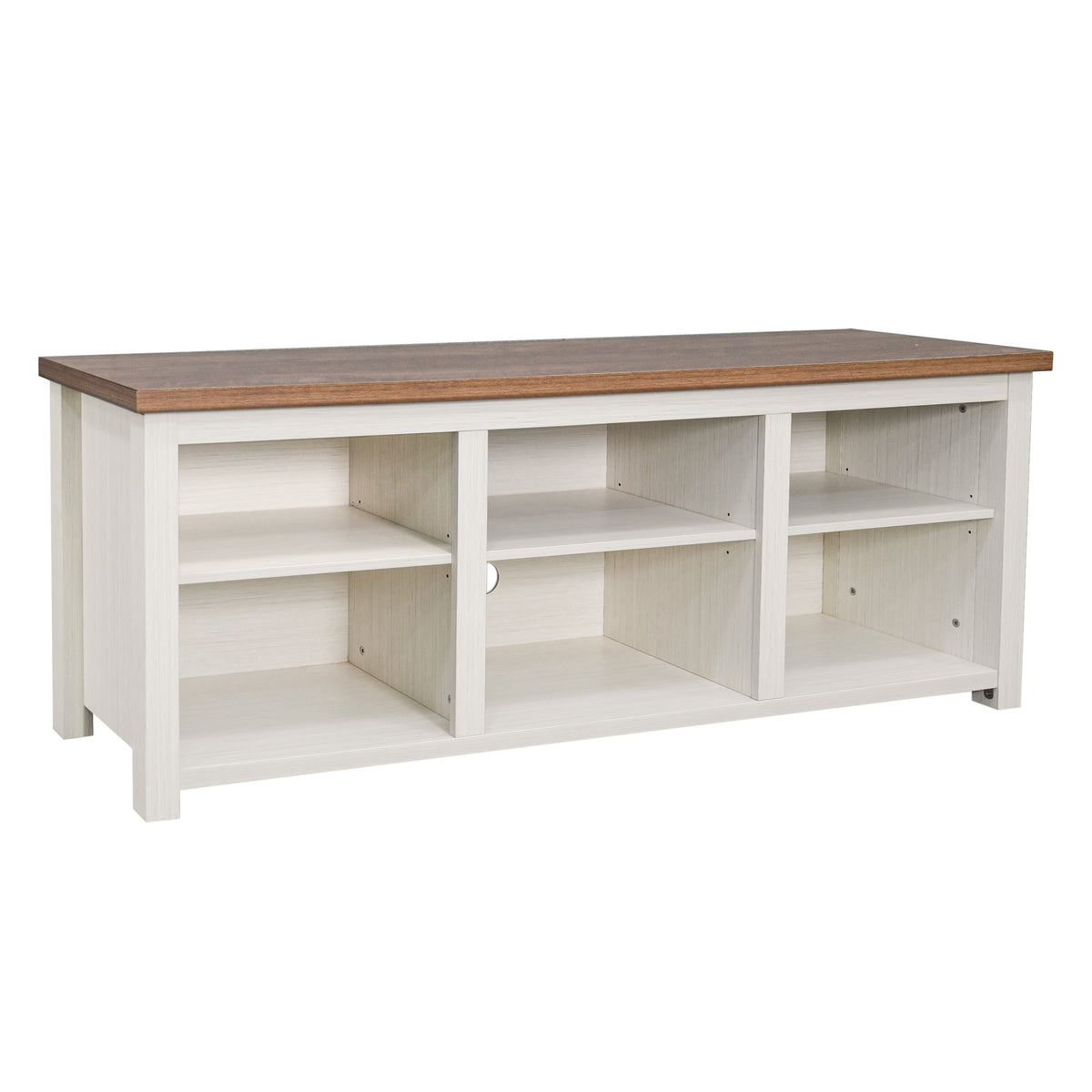 Walnut Top/White Frame |#| TV Stand for up to 80" TVs with 6 Open Storage Compartments in White/Walnut