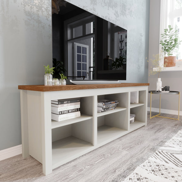 Walnut Top/White Frame |#| TV Stand for up to 80" TVs with 6 Open Storage Compartments in White/Walnut