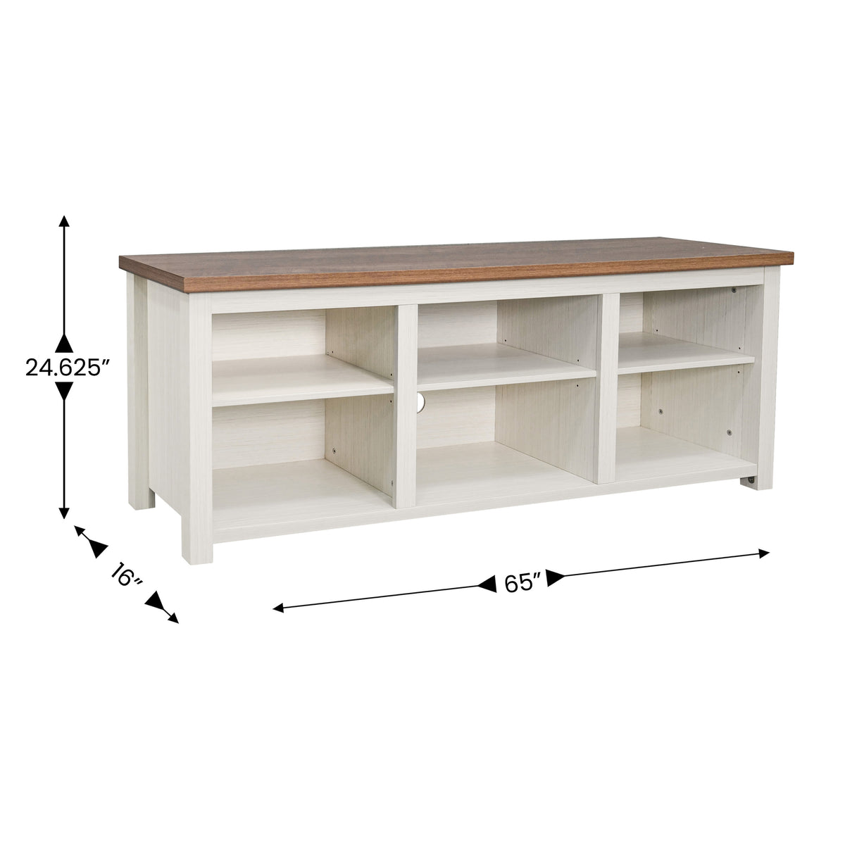 Walnut Top/White Frame |#| TV Stand for up to 80" TVs with 6 Open Storage Compartments in White/Walnut