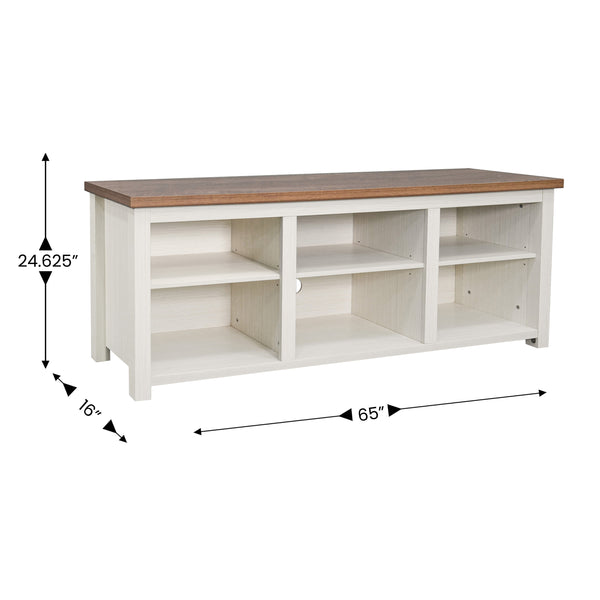 Walnut Top/White Frame |#| TV Stand for up to 80" TVs with 6 Open Storage Compartments in White/Walnut