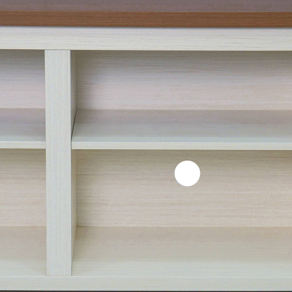 Walnut Top/White Frame |#| TV Stand for up to 80" TVs with 6 Open Storage Compartments in White/Walnut