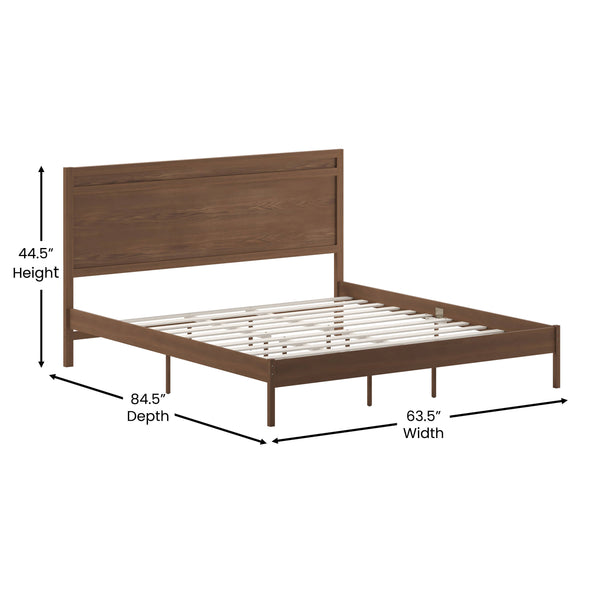Brown,King |#| Solid Wood Platform Bed with Headboard and Wooden Slats in Brown - King