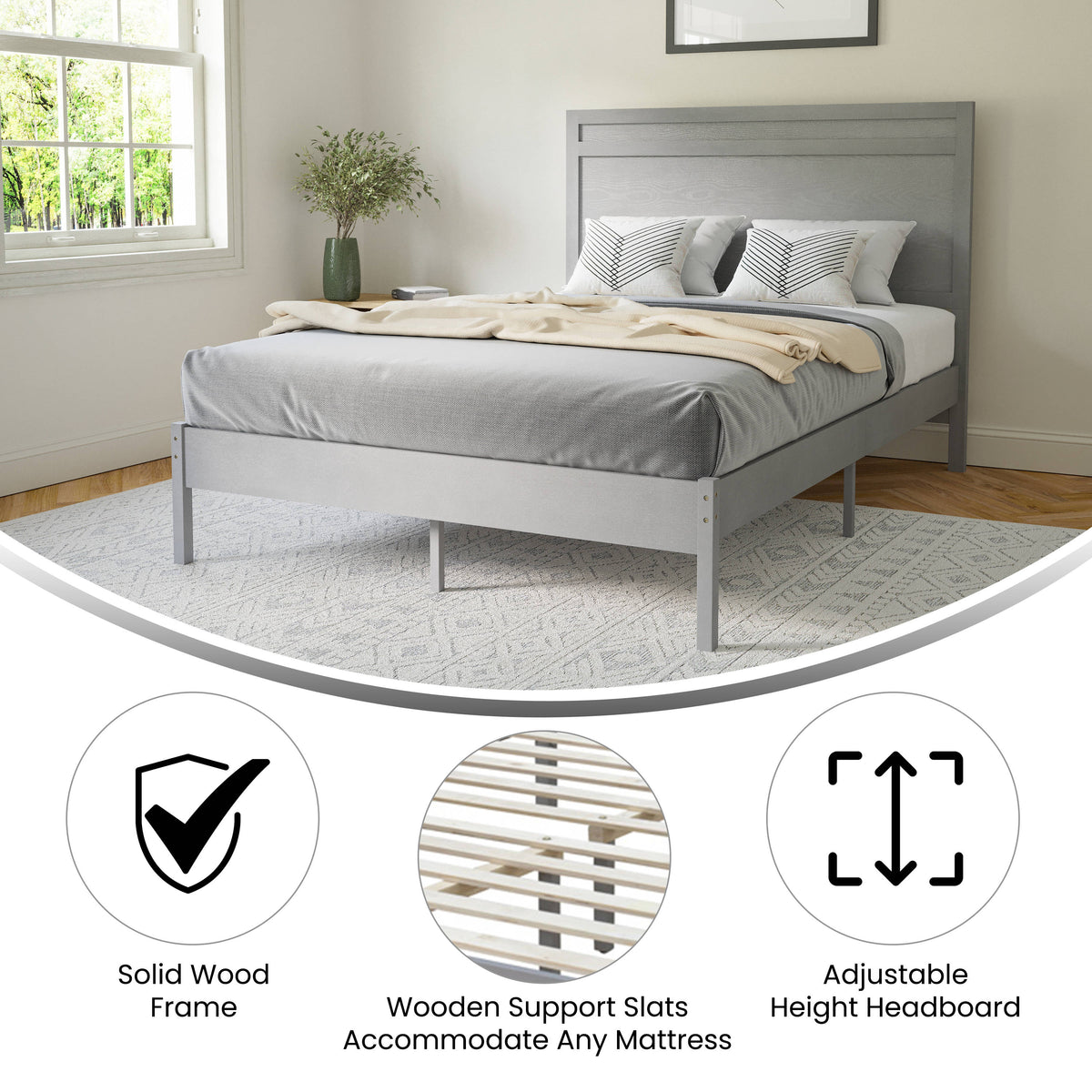 Gray,Full |#| Solid Wood Platform Bed with Headboard and Wooden Slats in Gray - Full