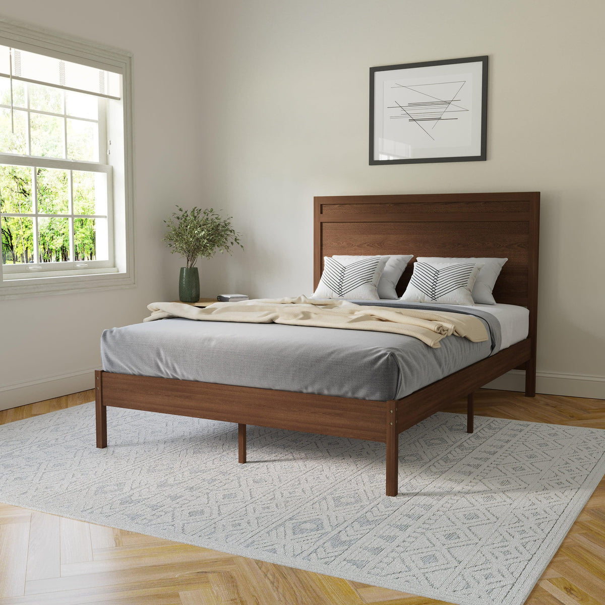 Brown,Full |#| Solid Wood Platform Bed with Headboard and Wooden Slats in Brown - Full