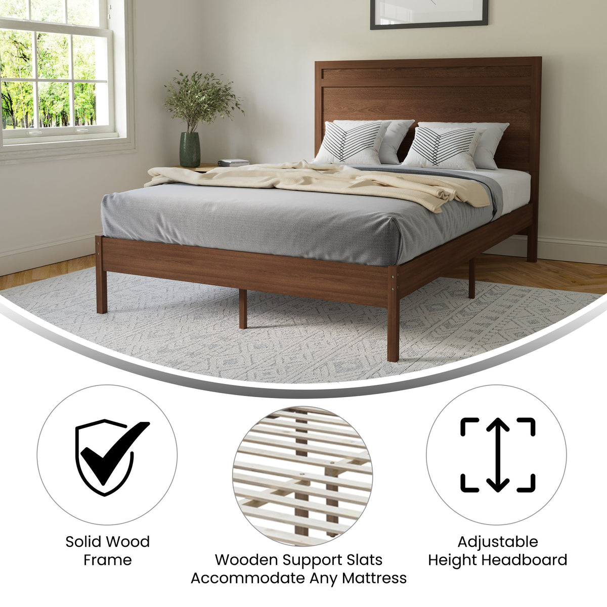 Brown,Full |#| Solid Wood Platform Bed with Headboard and Wooden Slats in Brown - Full