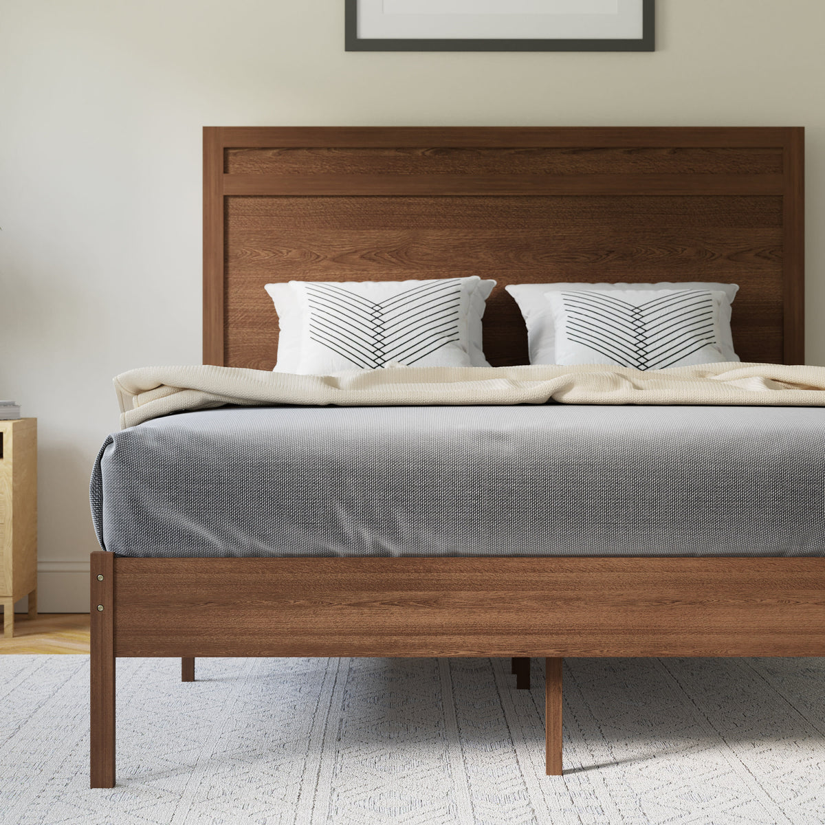 Brown,Full |#| Solid Wood Platform Bed with Headboard and Wooden Slats in Brown - Full