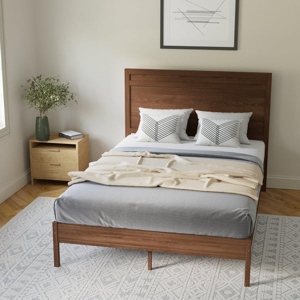 Brown,Full |#| Solid Wood Platform Bed with Headboard and Wooden Slats in Brown - Full