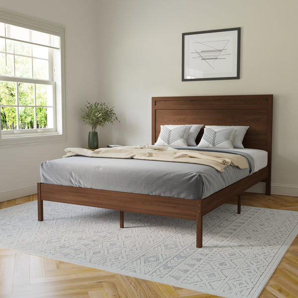 Brown,Queen |#| Solid Wood Platform Bed with Headboard and Wooden Slats in Brown - Queen